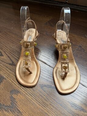 MANOLO BLAHNIK Vintage Bronze/Gold Sandal Heel Shoes w/Green-Yellow Stones Sz 40